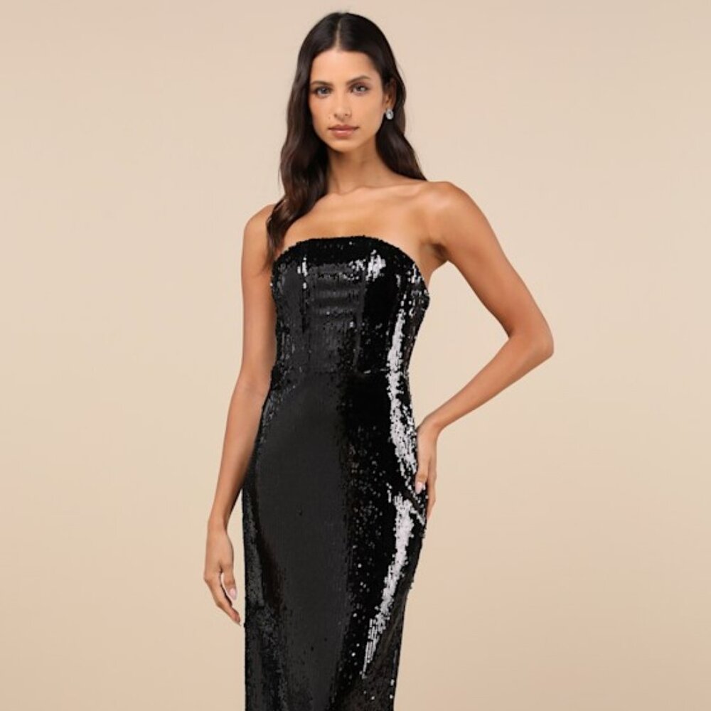 Lulus Dazzling Extravagance Black Sequin Strapless Bustier Maxi Dress - Size S